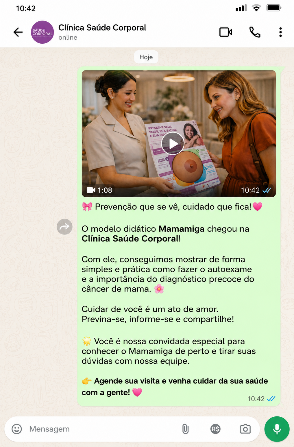 Exemplo de conteúdo educativo Mamamiga no WhatsApp da Clínica Saúde Corporal
